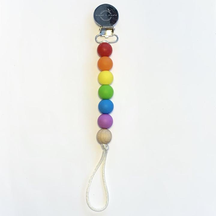 Sugar + Maple Pacifier + Teether Clip - Silicone with 1 Beechwood Bead - Primary
