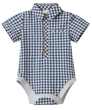 Me & Henry Helford Woven Onesie | Navy/White Plaid