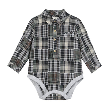 Me & Henry Jasper Woven Onesie | Green Patchwork Plaid