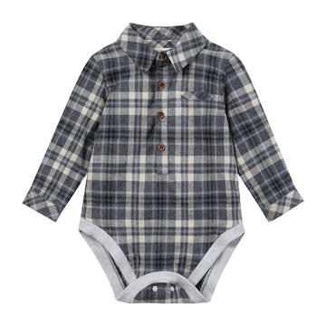 Me & Henry Jasper Woven Onesie | Blue/Beige Brushed Cotton Plaid