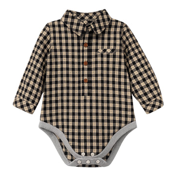 Me & Henry Jasper Woven Onesie | Black/Cream Cross Stitch Plaid