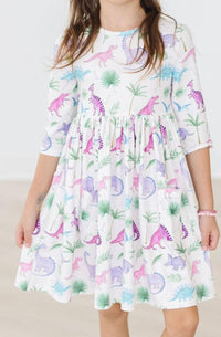 Mila & Rose Dino Darling 3/4 Sleeve Pocket Twirl Dress