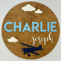 Sugar + Maple Round Personalized Name Sign | Airplane