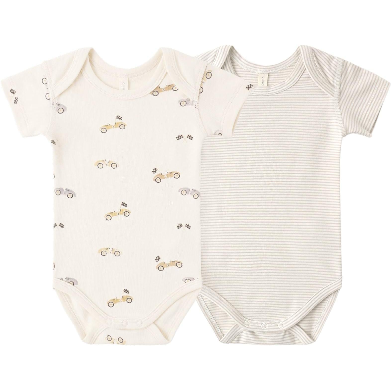 Quincy Mae Short Sleeve Bodysuit Pack || Race Car, Oat Micro Stripe