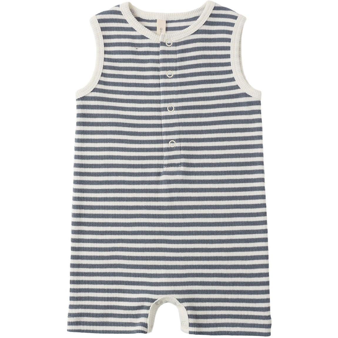 Quincy Mae Ribbed Henley Romper || Ocean Stripe
