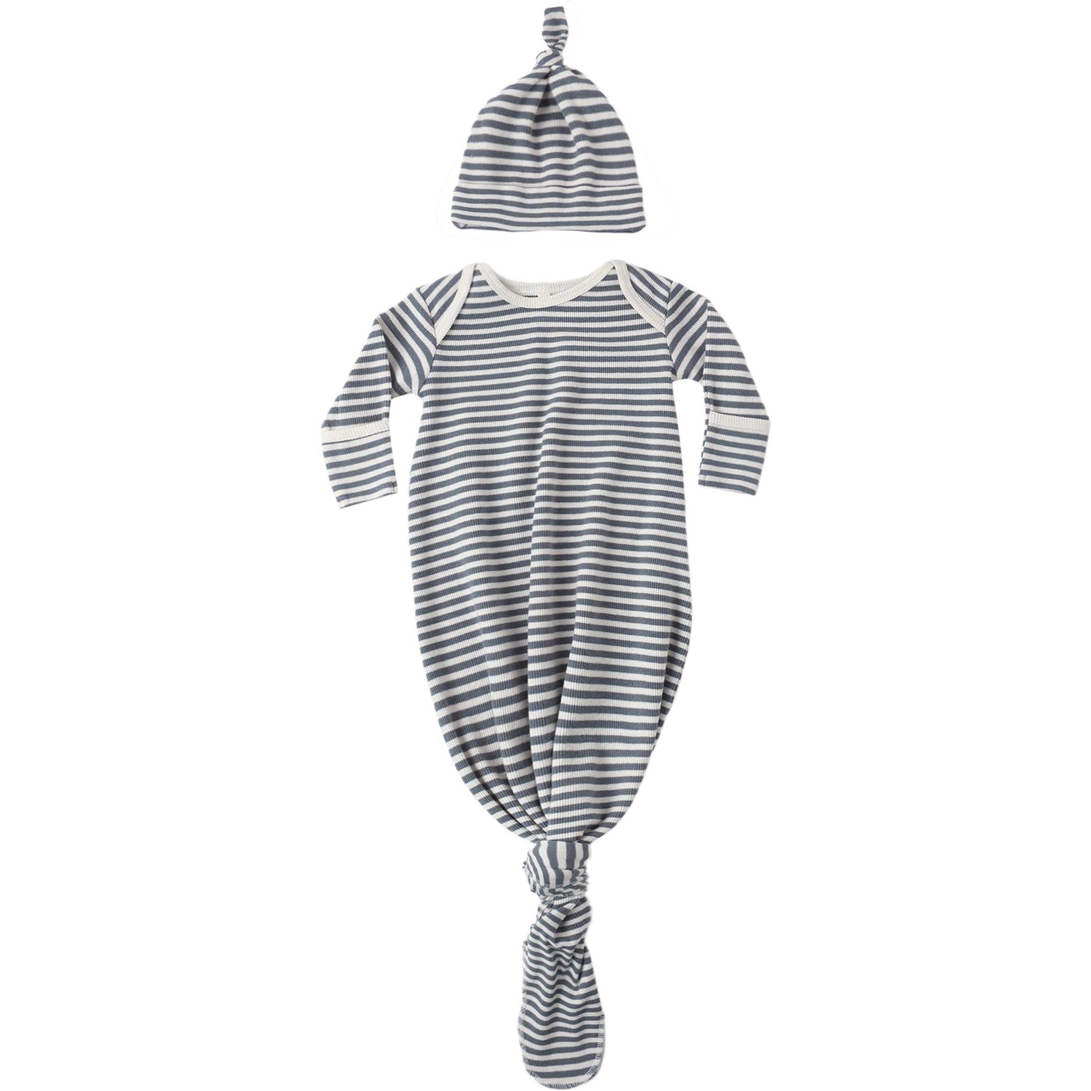Quincy Mae Knotted Baby Gown + Hat Set || Ocean Stripe