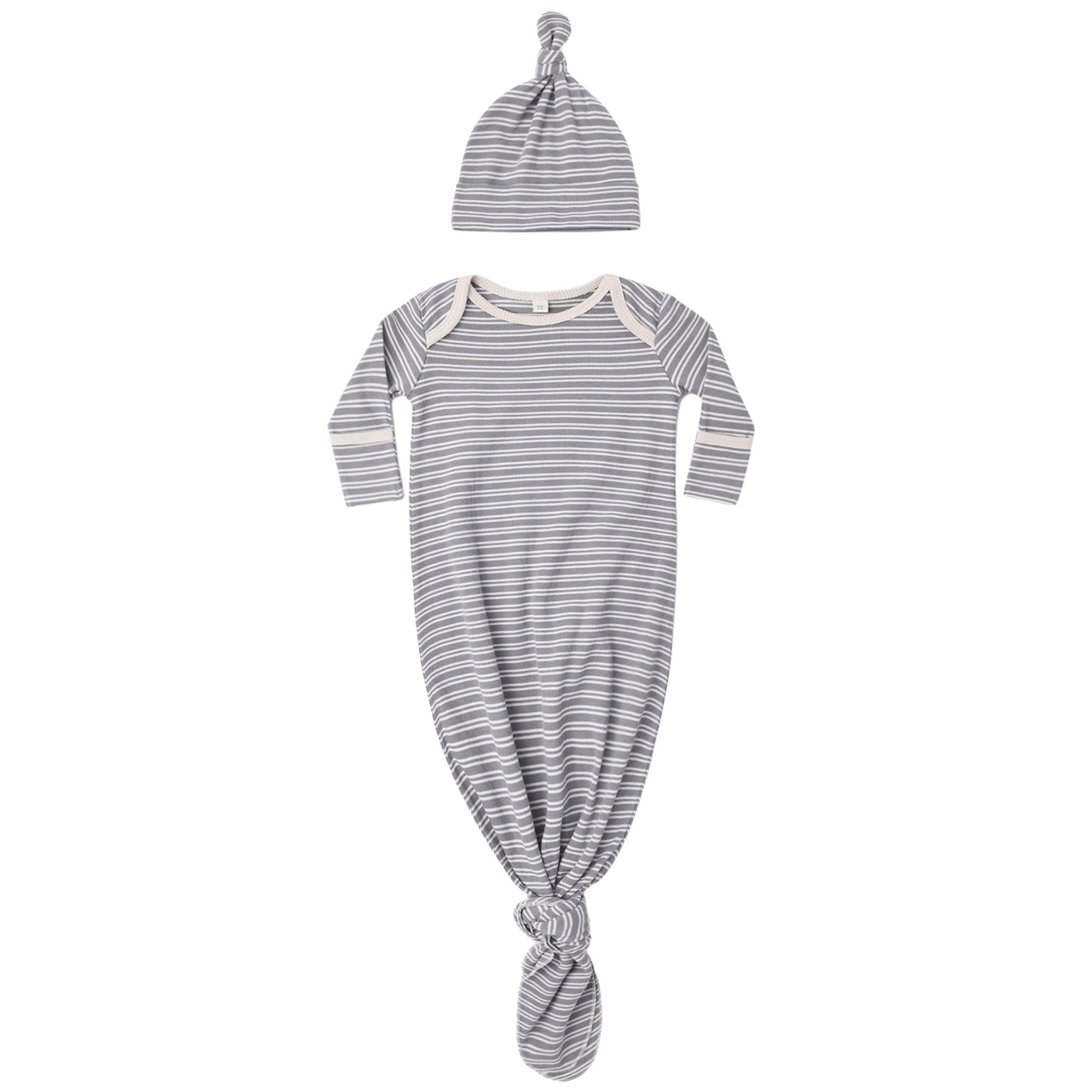 Quincy Mae Knotted Baby Gown + Hat Set || Slate Microstripe