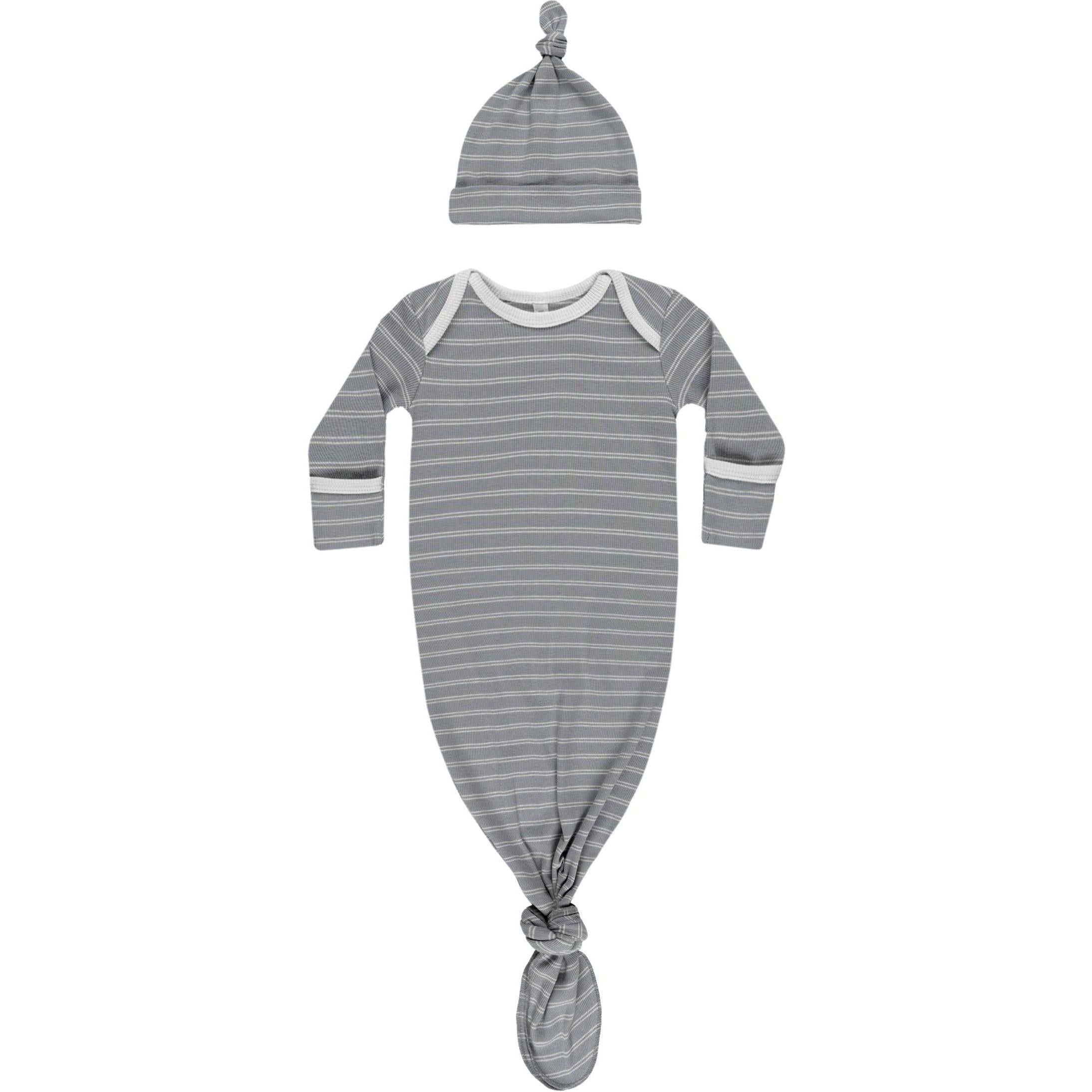 Quincy Mae Knotted Baby Gown + Hat Set || Blue Pinstripe