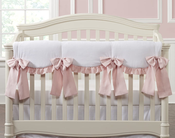 Liz & Roo All-White Scalloped Rail Cover with Pink Ruffle + 4 Pink Linen Bows