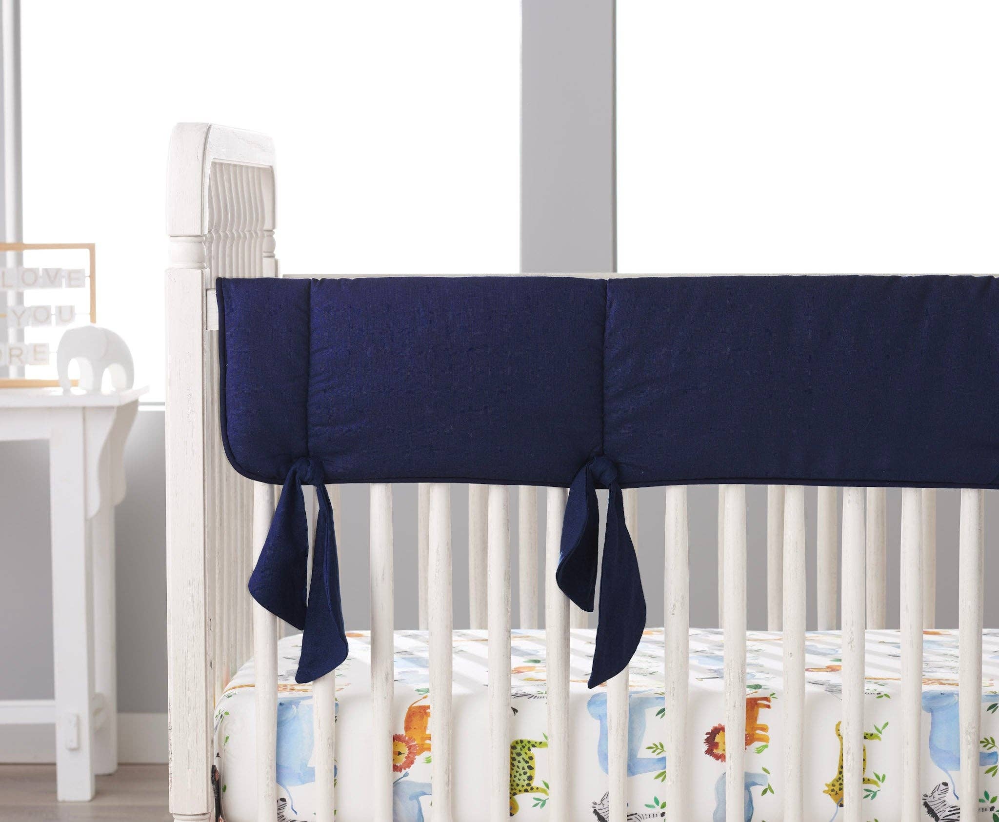 Navy Linen Crib Rail Cover with Knot Ties