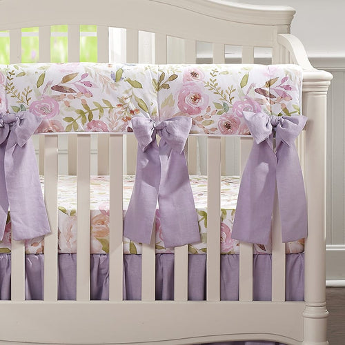 Blush Watercolor Floral Crib Rail Cover With 4 Pre-Tied Oversized Bows