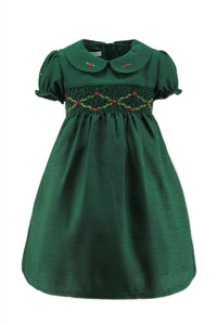 Floral Smocked Green Silk Short Sleeve Baby & Toddler Dress