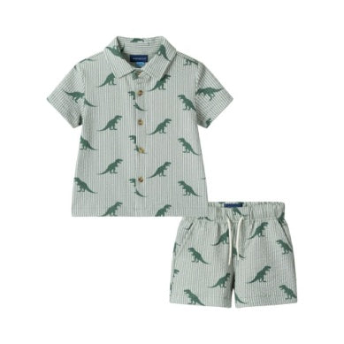 Andy & Evan Infant Boys Green Striped Dino Matching Buttondown and Shorts Cabana Set