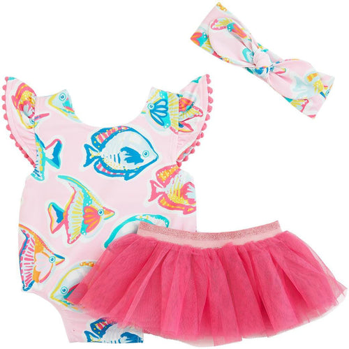 Mud Pie Pink Fish/Stripe Reversible Swimsuit & Tutu Set