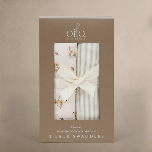 Oilo Dainty Floral & Sea Moss Sage Green Stripe Muslin Swaddle Blanket Set