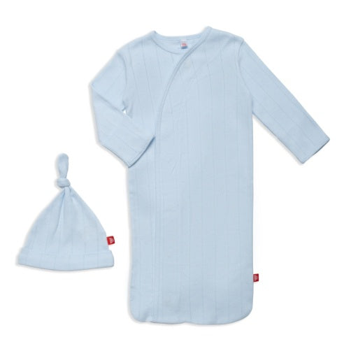Magnetic Me Love Lines Blue Organic Cotton Pointelle Magnetic Cozy Sleeper Gown + Hat Set