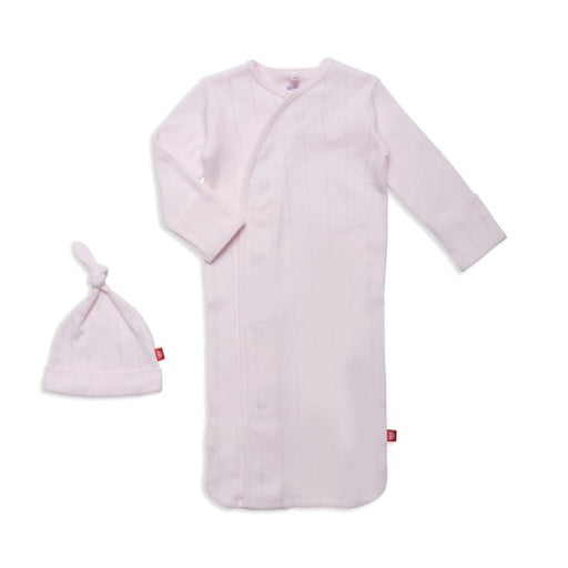 Magnetic Me Love Lines Pink Organic Cotton Pointelle Magnetic Cozy Sleeper Gown + Hat Set